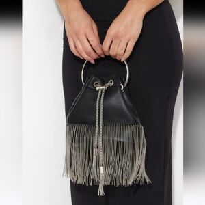 Billini Jana Fringe Handle Small Black Bucket Bag NWT